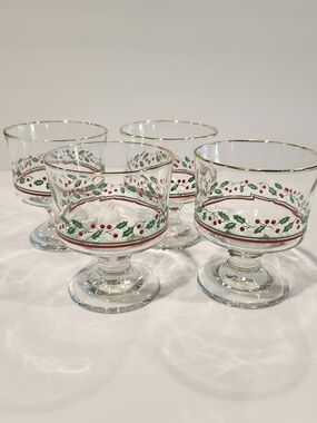 Vintage Set 4 Libbey Holiday Holly Dessert Goblets with Red and Green Accents